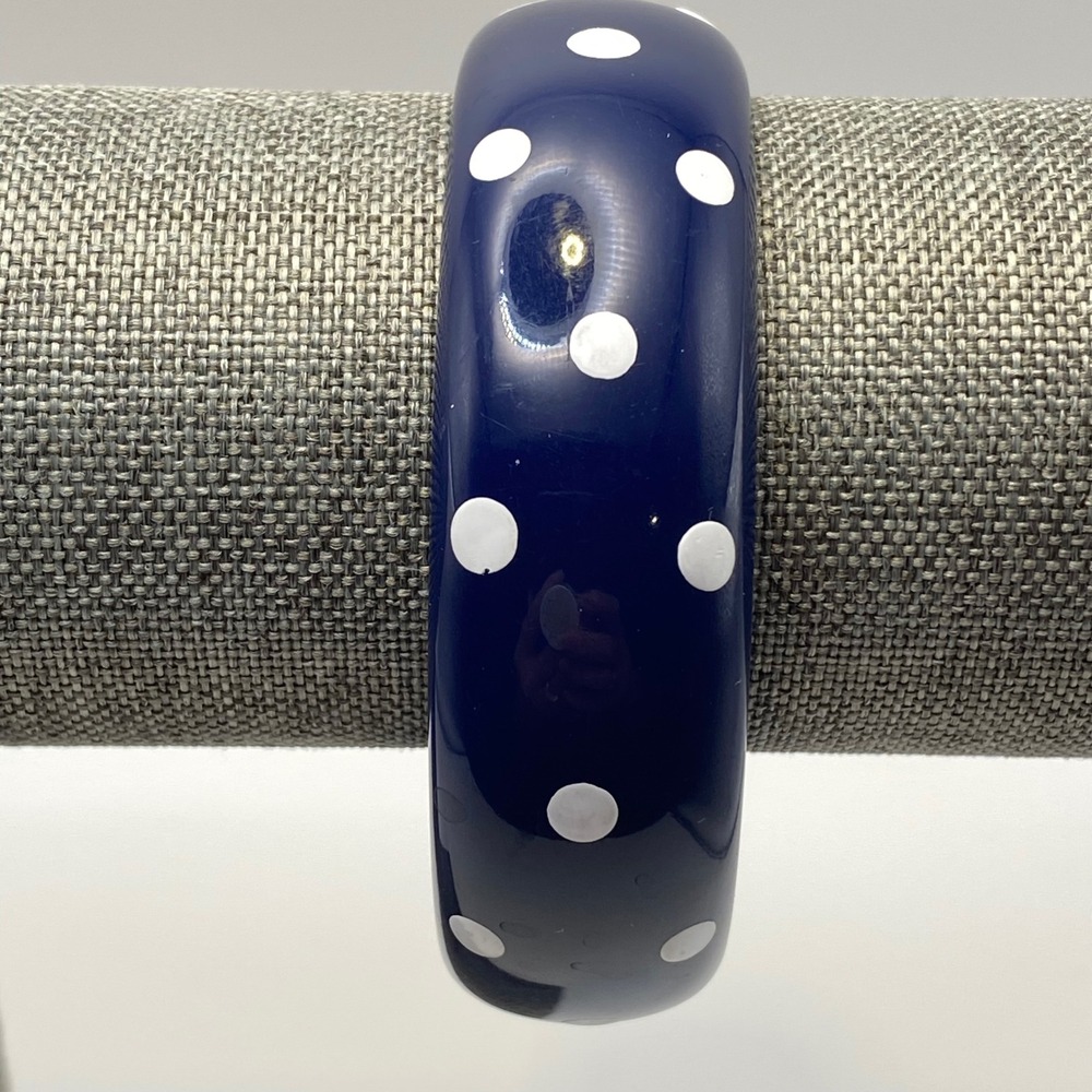 Vintage Bangle Bracelet Resin Plastic Retro Navy Blue White Polka Dot 2.5in